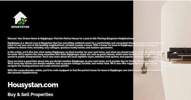 Discover Your Dream Home in Rajajinagar: Find the Perfect House for Lease in this Thriving Bangalore Neighborhood