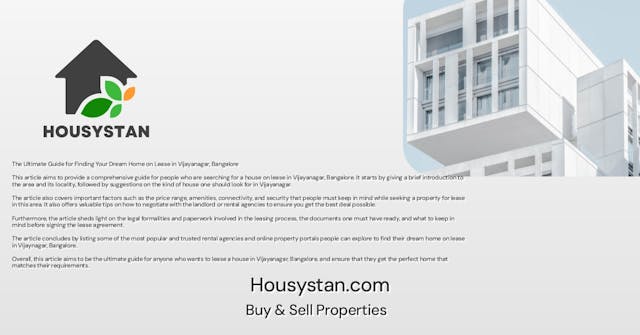 The Ultimate Guide for Finding Your Dream Home on Lease in Vijayanagar, Bangalore